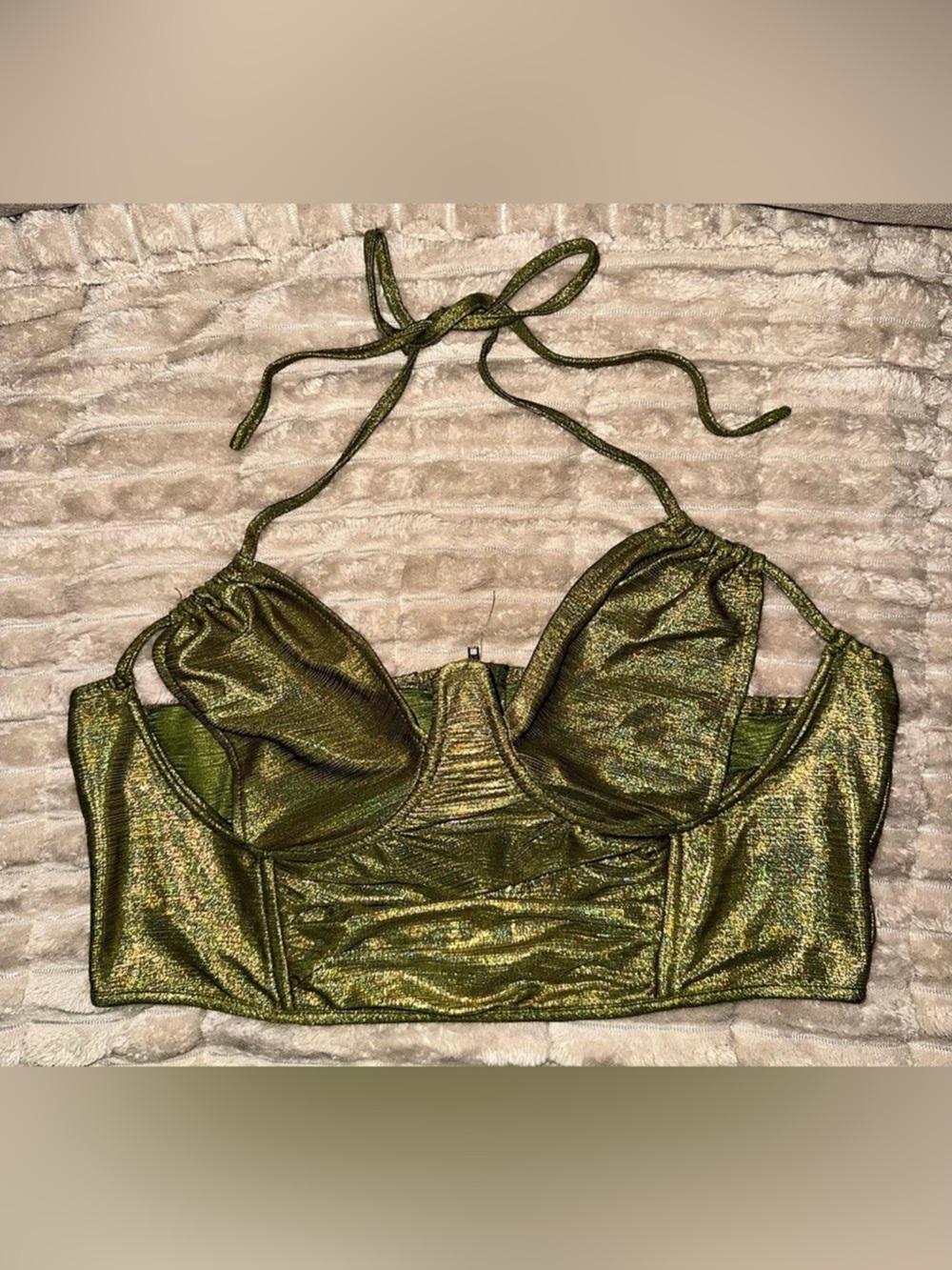 PrettyLittleThing Metallic Green Bustier Crop Top US 12 Like New